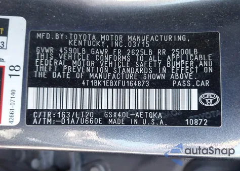 2015 Toyota Avalon Xle Touring из США, поврежденный, VIN 4T1BK1EBXFU164873